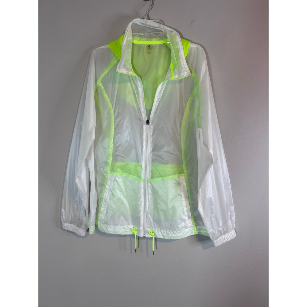 Xersion Womens White Neon Yellow Sheer Hooded Windbreaker Jacket Medium